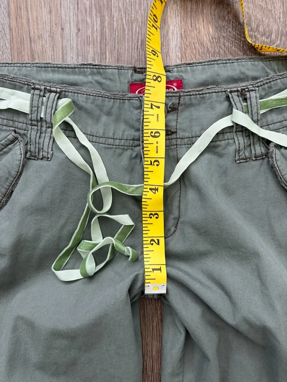 Y2K BeBop Olive Green Low Rise Cargo Pants Wide Leg Utility Ribbon Belt Size 9